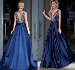 Royal Blue Evening Dresses Sexy Plunging Neck Low V Cut Backless paljetter Prom Dresses Women Party Eccase Gowns Vestidos BC15320
