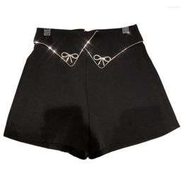 Women's Shorts Spring Arrivals Solid Fold High Waist Elastic Bow Rhinestone Female S665