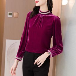 Women's Blouses Tops Women 2023 Elegant Silk Blouse Basic Shirt Autumn Fashion Beaded Gold Velvet Pullover