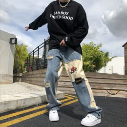 Men's Pants High street Y2K retro jeans stitching ripped jeans men's ins brand niche fried street hiphop design casual trousers 230227