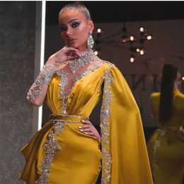 2023 Casual Dresses Gold Party High Neck Beaded Rhinestones Mermaid Prom Gown Cape Long Sleeves Satin Arabic Dubai Yellow size s m l xl 2xl