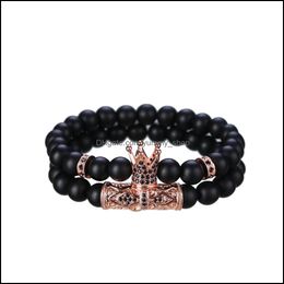 Beaded 8Mm Beads Bracelets Black Matte Onyx Stone Sets Charm King Crown Women Men Jewellery Drop Delivery Dhn2B