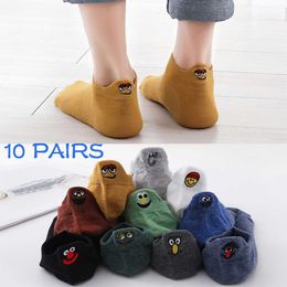 Men's Socks 10 Pairs Pack Men's Male Embroidered Cartoon Expression Cotton Short Ankle Socks Set Funny Happy Kawaii Couple Socks calcetines Z0227