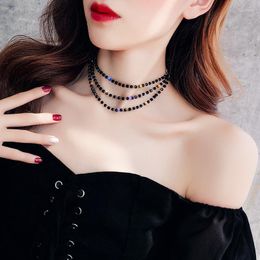 Choker JCYMONG Fashion 3 Layer Black Crystal Beads Necklaces For Women Silver Color Circle Collar Clavicle Chain Korean Jewelry