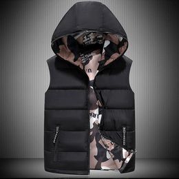 Men's Vests Men Hooded Vest Jacket 2023 Autumn Winter Down Jackets Wear On Both Sides Puffer Camouflage Sleeveless Waistcoat