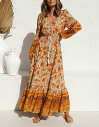 Casual Dresses Happie Queens Ethnic Women Long Sleeve Tie Neck Tassel Floral Print Beach Bohemian Maxi Ladies Rayon Boho Dress VestidosCasua