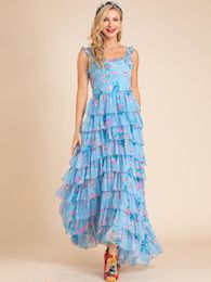 Casual Dresses LINDA DELLA Summer Boho Beach Maxi Dress Women's Spaghetti Strap Cascading Ruffle Floral Print Long Blue Vacation DressCa