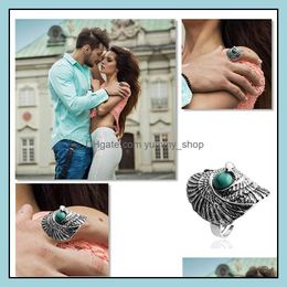 Band Rings Turquoise Ring Vintage Tibetan Sier Indian Wind Pine Stone Wings Eagle Big Eye Green Drop Delivery Jewellery Dh83F