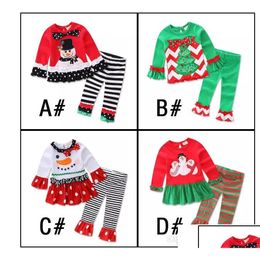 Clothing Sets Baby Girl Children Christmas 2Pcs Clothes White Sanda Reindeer Tree Dress Striped Ruffle Drop Delivery Kids Maternity Dhs0Y