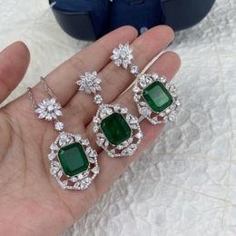 Dangle Earrings 925 Sterling Silver Green Diamond Jewelry Square Zircons Real Emerald Pendant Necklace Set