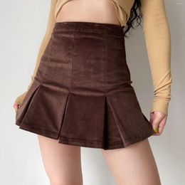 Skirts Vintage Corduroy High Waist A-line Pleated Skirt Women Sexy Mini Suit With Short Spring Autumn Brown Tennis Sport School Uniform
