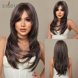 Synthetic Wigs Easihair Dark Brown Synthetic Wigs Mixed Purple Long Straight with Bangs Natural Hair for Women Cosplay Heat Resistant 230227