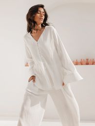 Womens Sleepwear Hiloc White Cotton Nightwear Long Sleeve Women Pyjama High Waist Pants Set SingleBreasted VNeck Home Suit Spring Womens Suit 230228