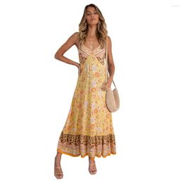 Casual Dresses Vintage Halter Floral A-line Long Dress Women Summer Elegant Women's Boho Beach Maxi Holiday Party Vestido