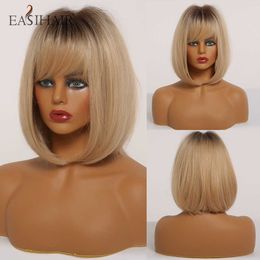 Synthetic Wigs Easihair Brown to Blonde Ombre Straight Bob Synthetic Wigs for Women Medium Length Hair Wig with Bangs Heat Resistant 230227