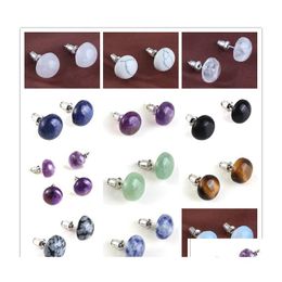 car dvr Stud Fashion 10Mm 12Mm Round Natural Stone Rose Quartz Tigers Eye Amethyst Studs Earrings For Women Jewellery Drop Delivery Dhq36