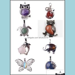 Pendant Necklaces 12 Pcs Assorted Antique Sier Mixed Style Charms Gemstone Pendants Turtle Owl Peacock Animals Shape Healing Chakra Dhtgd