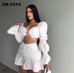 Two Piece Dress CMYAYA Women Two 2 Piece Set Outfits Elegant Lantern Sleeve Crop Tops and Ruffles Mermaid Mini Skirts Suit Matching Set Autumn 230228