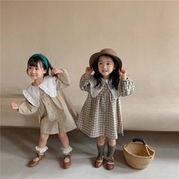 Girl's Dresses 8486 Girls Clothes Casual Dress Autumn 2021 New Korean Cotton Linen Girls Princess Dress Big Turn Down Collar Plaid Dress Z0223