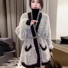 Women's Knits Wome Knitted Sweater Cardigan Autumn Winter Loose Beading Bright Silk Coat Ladies Chic Design Knitting Jacket