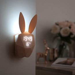 Desk Table Clocks Mute Night Light Rabbit Alarm Room Decoration Digital Temperature Calendar LED Home 230228