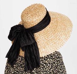 Wide Brim Hats Summer Natural Flower Braided Wheat Bow Straw Hat Large Outdoor Beach Sun Protection Visors Female Dress HatWide