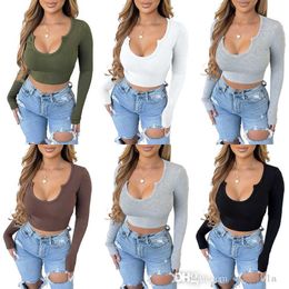 Designer Womens T-shirt Fashion Solid Color Pit Strip U Neck Long Sleeve Bodycon Crop Tops Spring Fall Women Clothing XS-XL