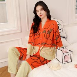 Womens Sleepwear Lisacmvpnel Spring Pajama Set Ice Silk Thin Long Sleeve Suit Large Size Printed Pyjamas 230228