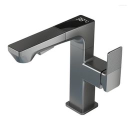 Bathroom Sink Faucets Basin Brass Mixer Taps & Cold Temperature Sensing Display Pull-Out Spary Nozzle Single Handle Gun Grey