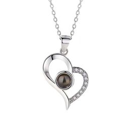 S925 Sterling Silver 100 languages I love you projection Necklace female hollow heart simple necklace memory clavicle chain