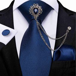 Neck Ties Luxury Silk Solid Blue Neck Tie Pocket Square Cufflinks 8cm Wide Mens Wedding Tie Set Men Accessories Gift DiBanGu J230227