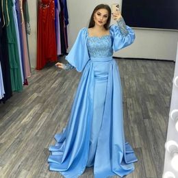 Charming Sweetheart Evening Gown long sleeves Sky Blue Robe De Soiree Satin Mermaid With Detachable Train Formal Party Dress Puffy Sleeves