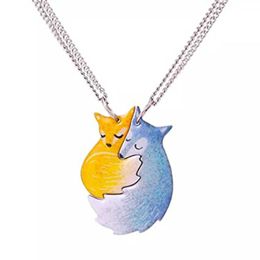 New Product List Hand painted Fox Embracing Wolf Pendant Good Friend Necklace Lover Gift