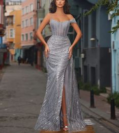 Mermaid Sparkly Prom Dresses Sleeveless Bateau Neck Straps Appliques Sequins Floor Length Celebrity Side Slit Evening Dress Bridal Gowns Plus Size Custom Made