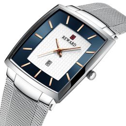 Wristwatches Good Quality Ultra Thin Men's Quartz Watches Silver Stainless Steel Mesh Strap Rectangle Business For Men Squre