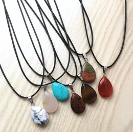 Pendant Necklaces Natural Stone Crystal Quartz Opal Water Drop Necklace Leather Chains For Men Women Fashion Jewelry Delivery Pendant Dhtmk