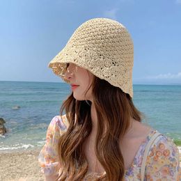 Wide Brim Hats 2022 NEW Women's Summer Bucket Folding with flower Straw Hat Panamas UV Protection Sun Visor Seaside Beach Hat Tide Summer Hats G230227