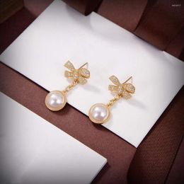 Stud Earrings Classic Gold Plated Zircon Bow Knot Dangle Earring Female Geometric Round Pearl Wedding Crystal Diamond Jewelry