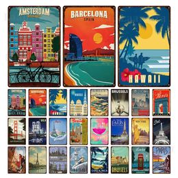 City Landscape tin Pictorial Iron Plate Still Life Architectural Illustration Feeling Tin Sign Spain Paris San Francisco Room personalized Decor Size 30X20cm w02