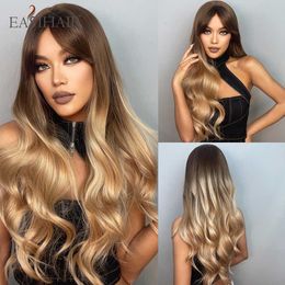 Synthetic Wigs Easihair Long Ombre Brown Golden Wavy Wigs with Bangs Natural Synthetic for Women Daily Cosplay Heat Resistant Fibre 230227