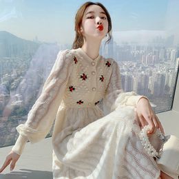 Casual Dresses Knitting Sweater Maxi Dresses for Women Female Korea Style Slim Embroidery Wool Long Sleeve Woman Dress Party Autumn Winter 230227