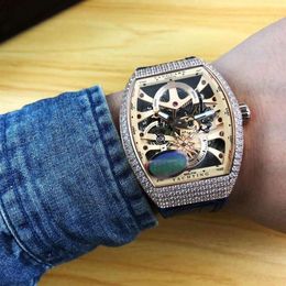 Popular New Men's Watch Imports Automatic Mechanical Movement 54 42MM Hollow Dial Diamond Bezel Leather Watchband Fashion Men269k