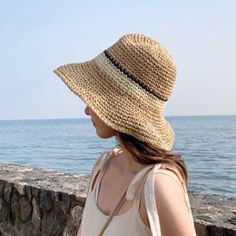 Sombreros de ala ancha, sombrero de playa, bolsos de paja de Panamá de verano para mujer, sombrero de paja o mimbre, sombrero de cubo, sombreros para el sol, visera a rayas G230227