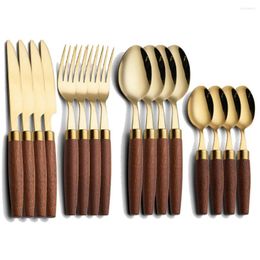 Dinnerware Sets 24/16pcs Natural Wood Handle Tableware Set Stainless Steel Flatware Knife Fork Spoon Gold Cutlery Dinner Dishwasher Safe