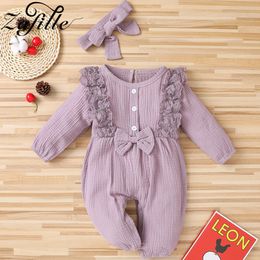 Jumpsuits ZAFILLE Baby Girl Romper 8 Colours Lace Sleepwear For borns Clothes Ruffles Bow Baby Girl Jumpsuit Headband Baby Girl Clothes 230228