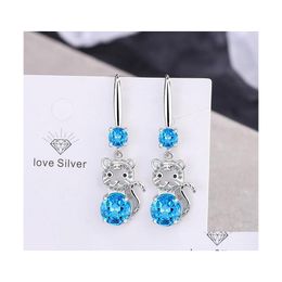 car dvr Charm S925 Stamp Sier Plated Earrings Tiger Charms Zircon Earring Jewelry Blue Pink White Shiny Crystal Hoops Piercing For Women Wed Dhy1F