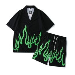 Mens Tracksuits Green Flame Print Summer Shirts and Shorts for Men Streetwear Casaul Oversized Hawaii Sets Loose Unisex Beach Clothes 230228