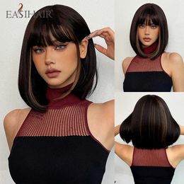 Synthetic Wigs Easihair Black Straight Bob Synthetic Wig with Bangs Short Blonde Highlight Natural for Women Cosplay Heat Resistant 230227