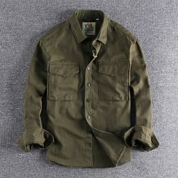 Men's Casual Shirts Retro Male Cargo Shirt Jacket Canvas Cotton Khaki Military Uniform Light Work Safari Style Mens Top Clothing 230228