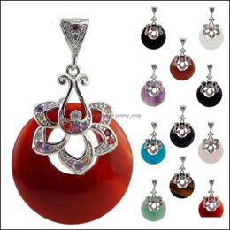 Pendant Necklaces Agate Donut Circle Stone Pendants Jasper Crystal With Diamond Zircon Flower Gemstones Beads Healing Crystals Drop Dhbv4